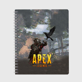 Тетрадь с принтом APEX LEGENDS в Курске, 100% бумага | 48 листов, плотность листов — 60 г/м2, плотность картонной обложки — 250 г/м2. Листы скреплены сбоку удобной пружинной спиралью. Уголки страниц и обложки скругленные. Цвет линий — светло-серый
 | apex | apex legends | апекс | апекс легенд | апекс легендс | бой | игра | компьютерная игра | королевская битва | лучшее | онлайн игра | популярное | хит | шутер