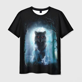 Мужская футболка 3D с принтом волк в Курске, 100% полиэфир | прямой крой, круглый вырез горловины, длина до линии бедер | wolf | волк | кайот | луна | ночь | собака