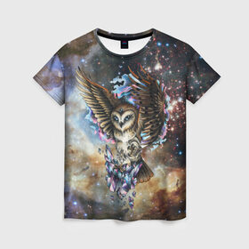 Женская футболка 3D с принтом сова космическая в Курске, 100% полиэфир ( синтетическое хлопкоподобное полотно) | прямой крой, круглый вырез горловины, длина до линии бедер | owl | галактика | звезды | космос | млечный путь | ночь | птица | сова | филин