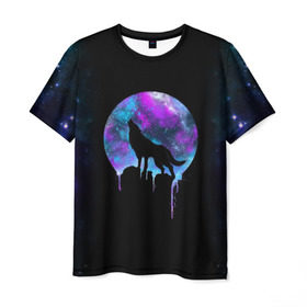Мужская футболка 3D с принтом волк на фоне луны в Курске, 100% полиэфир | прямой крой, круглый вырез горловины, длина до линии бедер | wolf | волк | галактика | звезды | кайот | космос | луна | млечный путь | ночь | собака