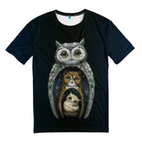 Мужская футболка 3D с принтом сова-матрешка в Курске, 100% полиэфир | прямой крой, круглый вырез горловины, длина до линии бедер | owl | матрешка | ночь | птица | сова | филин