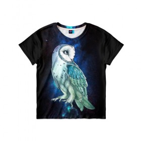 Детская футболка 3D с принтом космическая сова в Курске, 100% гипоаллергенный полиэфир | прямой крой, круглый вырез горловины, длина до линии бедер, чуть спущенное плечо, ткань немного тянется | Тематика изображения на принте: owl | галактика | звезды | космос | млечный путь | ночь | птица | сова | филин