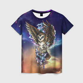 Женская футболка 3D с принтом сова в Курске, 100% полиэфир ( синтетическое хлопкоподобное полотно) | прямой крой, круглый вырез горловины, длина до линии бедер | owl | галактика | звезды | космос | млечный путь | ночь | птица | сова | филин