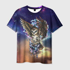 Мужская футболка 3D с принтом сова в Курске, 100% полиэфир | прямой крой, круглый вырез горловины, длина до линии бедер | owl | галактика | звезды | космос | млечный путь | ночь | птица | сова | филин