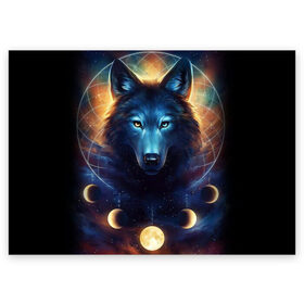 Поздравительная открытка с принтом волк в Курске, 100% бумага | плотность бумаги 280 г/м2, матовая, на обратной стороне линовка и место для марки
 | Тематика изображения на принте: wolf | волк | галактика | звезды | койот | космос | луна | ночь | собака