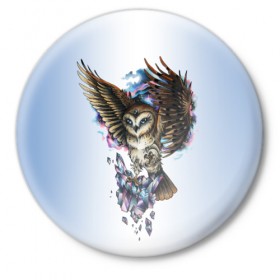 Значок с принтом сова в Курске,  металл | круглая форма, металлическая застежка в виде булавки | owl | кристаллы | ночь | птица | сова | филин