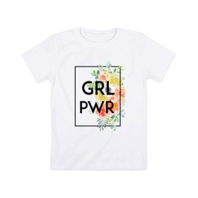 Детская футболка хлопок с принтом GRL PWR в Курске, 100% хлопок | круглый вырез горловины, полуприлегающий силуэт, длина до линии бедер | Тематика изображения на принте: 8 марта | feminism | girl power | like a girl | venus | весна | женщины | международный женский день | подарок | феминизм