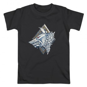 Мужская футболка хлопок с принтом Space Wolves в Курске, 100% хлопок | прямой крой, круглый вырез горловины, длина до линии бедер, слегка спущенное плечо. | warhammer | вархамер | вархеммер | волк | герб | космоволк