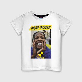 Детская футболка хлопок с принтом A$AP ROCKY в Курске, 100% хлопок | круглый вырез горловины, полуприлегающий силуэт, длина до линии бедер | Тематика изображения на принте: aap | asap | mob | rap | rocky | testing | асап | банда | моб | раким | реп | роки | рэп | рэпер | тестинг | эйсап | эсап