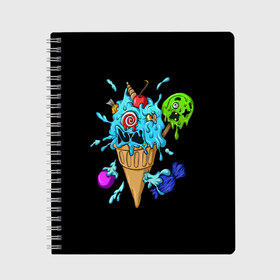 Тетрадь с принтом Мороженое Монстр в Курске, 100% бумага | 48 листов, плотность листов — 60 г/м2, плотность картонной обложки — 250 г/м2. Листы скреплены сбоку удобной пружинной спиралью. Уголки страниц и обложки скругленные. Цвет линий — светло-серый
 | Тематика изображения на принте: candy | ice cream | marshmallow | monster | monsters | oreo | sweets | zombie | зомби | леденец | леденцы | маршмеллоу | монстр | монстры | мороженое | орео | сладости