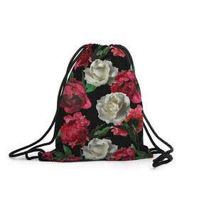 Рюкзак-мешок 3D с принтом Розы в Курске, 100% полиэстер | плотность ткани — 200 г/м2, размер — 35 х 45 см; лямки — толстые шнурки, застежка на шнуровке, без карманов и подкладки | Тематика изображения на принте: f | flora | flowers | greens | leaves | nature | ornament | patterns | petals | red | roses | style | white | youth | белые | зелень | иллюстрация | красные | лепестки | листья | мода | молодежная | орнамент | природа | розовые | розы | стиль | узоры | фл