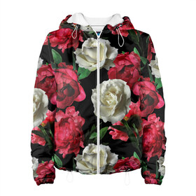 Женская куртка 3D с принтом Розы в Курске, ткань верха — 100% полиэстер, подклад — флис | прямой крой, подол и капюшон оформлены резинкой с фиксаторами, два кармана без застежек по бокам, один большой потайной карман на груди. Карман на груди застегивается на липучку | f | flora | flowers | greens | leaves | nature | ornament | patterns | petals | red | roses | style | white | youth | белые | зелень | иллюстрация | красные | лепестки | листья | мода | молодежная | орнамент | природа | розовые | розы | стиль | узоры | фл