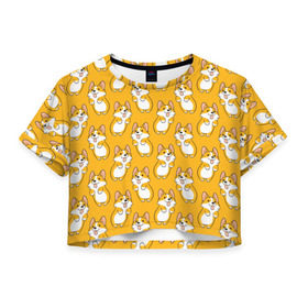 Женская футболка Cropp-top с принтом Корги Паттерн 2 в Курске, 100% полиэстер | круглая горловина, длина футболки до линии талии, рукава с отворотами | веселый | лапочка | милый | мимими | оранжевый | пес | песик | собака | счастье | щенок