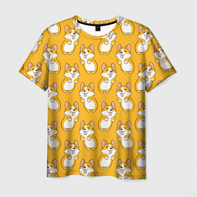 Мужская футболка 3D с принтом Корги Паттерн 2 в Курске, 100% полиэфир | прямой крой, круглый вырез горловины, длина до линии бедер | Тематика изображения на принте: веселый | лапочка | милый | мимими | оранжевый | пес | песик | собака | счастье | щенок