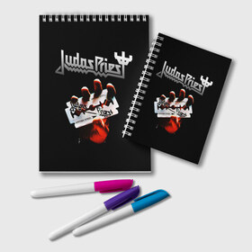 Блокнот с принтом Judas Priest в Курске, 100% бумага | 48 листов, плотность листов — 60 г/м2, плотность картонной обложки — 250 г/м2. Листы скреплены удобной пружинной спиралью. Цвет линий — светло-серый
 | Тематика изображения на принте: judas priest | metal | rock | группы | метал | музыка | рок | хард рок | хэви метал