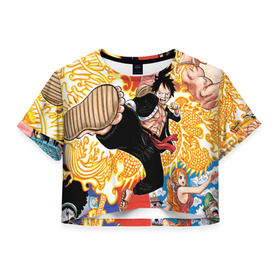 Женская футболка Cropp-top с принтом One Piece в Курске, 100% полиэстер | круглая горловина, длина футболки до линии талии, рукава с отворотами | anime | asian | asiatic | big | cat | crow | giant | hat | huge | japonese | karasu | kyojin | manga | neko | one piece | oppai | oriental | power | powerful | tophat | weapon | woma | аниме | манга | япония