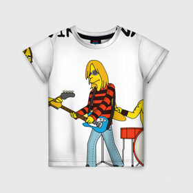 Детская футболка 3D с принтом Nirvana в стиле simpsons в Курске, 100% гипоаллергенный полиэфир | прямой крой, круглый вырез горловины, длина до линии бедер, чуть спущенное плечо, ткань немного тянется | Тематика изображения на принте: nirvana | simpsons | барабаны | басы | гитара | курт | курт кобейн | музыканты | мультик | нирвана | рок | симпсоны
