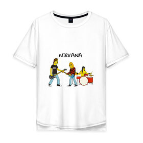 Мужская футболка хлопок Oversize с принтом Nirvana в стиле simpsons в Курске, 100% хлопок | свободный крой, круглый ворот, “спинка” длиннее передней части | Тематика изображения на принте: nirvana | simpsons | барабаны | басы | гитара | курт | курт кобейн | музыканты | мультик | нирвана | рок | симпсоны