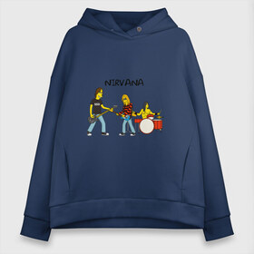 Женское худи Oversize хлопок с принтом Nirvana в стиле simpsons в Курске, френч-терри — 70% хлопок, 30% полиэстер. Мягкий теплый начес внутри —100% хлопок | боковые карманы, эластичные манжеты и нижняя кромка, капюшон на магнитной кнопке | nirvana | simpsons | барабаны | басы | гитара | курт | курт кобейн | музыканты | мультик | нирвана | рок | симпсоны