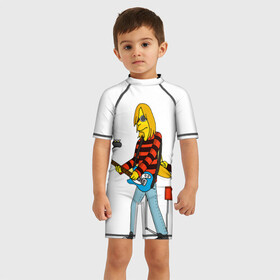 Детский купальный костюм 3D с принтом Nirvana в стиле simpsons в Курске, Полиэстер 85%, Спандекс 15% | застежка на молнии на спине | nirvana | simpsons | барабаны | басы | гитара | курт | курт кобейн | музыканты | мультик | нирвана | рок | симпсоны