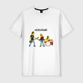 Мужская футболка премиум с принтом Nirvana в стиле simpsons в Курске, 92% хлопок, 8% лайкра | приталенный силуэт, круглый вырез ворота, длина до линии бедра, короткий рукав | nirvana | simpsons | барабаны | басы | гитара | курт | курт кобейн | музыканты | мультик | нирвана | рок | симпсоны