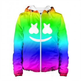 Женская куртка 3D с принтом Marshmello COLORS в Курске, ткань верха — 100% полиэстер, подклад — флис | прямой крой, подол и капюшон оформлены резинкой с фиксаторами, два кармана без застежек по бокам, один большой потайной карман на груди. Карман на груди застегивается на липучку | christopher comstock | dj | marshmello | music | диджей | клубная музыка | клубняк | крис комсток | логотип | маршмэллоу | музыка