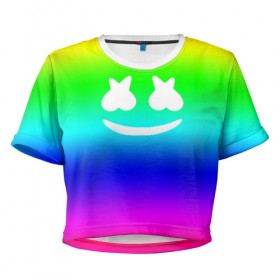 Женская футболка 3D укороченная с принтом Marshmello COLORS в Курске, 100% полиэстер | круглая горловина, длина футболки до линии талии, рукава с отворотами | christopher comstock | dj | marshmello | music | диджей | клубная музыка | клубняк | крис комсток | логотип | маршмэллоу | музыка