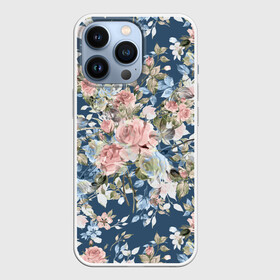 Чехол для iPhone 13 Pro с принтом Розовые розы в Курске,  |  | bouquet | fashion | flora | flowers | illustra | nature | ornament | patterns | petals | pink | roses | style | youth | букет | графика | иллюстрация | картинка | лепестки | мода | молодежная | орнамент | природа | рисунок | розовые | розы | синий