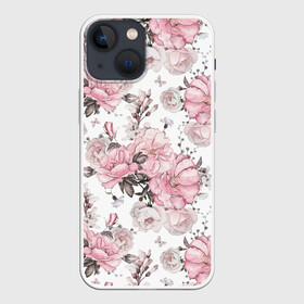 Чехол для iPhone 13 mini с принтом Розовые розы в Курске,  |  | bouquet | fashion | flora | flowers | illustra | nature | ornament | patterns | petals | pink | roses | style | youth | белый | букет | графика | иллюстрация | картинка | лепестки | мода | молодежная | орнамент | природа | рисунок | розовые | розы