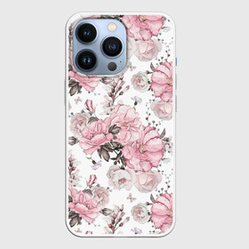 Чехол для iPhone 13 Pro с принтом Розовые розы в Курске,  |  | bouquet | fashion | flora | flowers | illustra | nature | ornament | patterns | petals | pink | roses | style | youth | белый | букет | графика | иллюстрация | картинка | лепестки | мода | молодежная | орнамент | природа | рисунок | розовые | розы