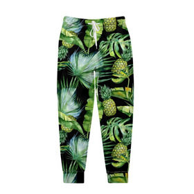 Мужские брюки 3D с принтом Ананасы в Курске, 100% полиэстер | манжеты по низу, эластичный пояс регулируется шнурком, по бокам два кармана без застежек, внутренняя часть кармана из мелкой сетки | branches | fashion | flora | fruit | leaves | nature | palm trees | pineapples | style | tropical | youth | акварель | ананасы | ветки | графика | иллюстрация | картинка | листья | мода | молодежная | пальмы | природа | рисунок | стиль