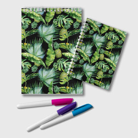 Блокнот с принтом Ананасы в Курске, 100% бумага | 48 листов, плотность листов — 60 г/м2, плотность картонной обложки — 250 г/м2. Листы скреплены удобной пружинной спиралью. Цвет линий — светло-серый
 | branches | fashion | flora | fruit | leaves | nature | palm trees | pineapples | style | tropical | youth | акварель | ананасы | ветки | графика | иллюстрация | картинка | листья | мода | молодежная | пальмы | природа | рисунок | стиль