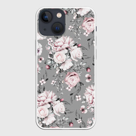 Чехол для iPhone 13 mini с принтом Розовые розы в Курске,  |  | bouquet | f | flora | flowers | leaves | nature | ornament | patterns | petals | pink | roses | style | youth | букет | графика | иллюстрация | картинка | лепестки | листья | мода | молодежная | орнамент | природа | рисунок | розовые | розы | серый