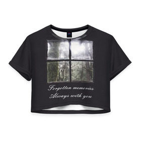 Женская футболка 3D укороченная с принтом Forgotten Memories в Курске, 100% полиэстер | круглая горловина, длина футболки до линии талии, рукава с отворотами | Тематика изображения на принте: деревья | лес | мрачный | надпись | окно | старый | стекло