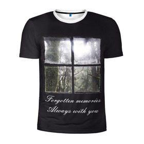 Мужская футболка 3D спортивная с принтом Forgotten Memories в Курске, 100% полиэстер с улучшенными характеристиками | приталенный силуэт, круглая горловина, широкие плечи, сужается к линии бедра | деревья | лес | мрачный | надпись | окно | старый | стекло
