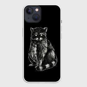 Чехол для iPhone 13 с принтом Енот в Курске,  |  | гладкая шерсть | енот | енот полоскун | енотик полосатый | животное | лесной | милый | минимализм | полосатый хвост | черно белый