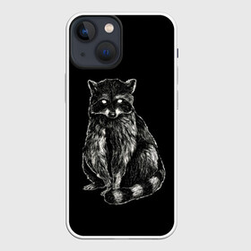 Чехол для iPhone 13 mini с принтом Енот в Курске,  |  | гладкая шерсть | енот | енот полоскун | енотик полосатый | животное | лесной | милый | минимализм | полосатый хвост | черно белый