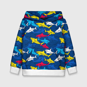 Детская толстовка 3D с принтом Акулы в Курске, 100% полиэстер | двухслойный капюшон со шнурком для регулировки, мягкие манжеты на рукавах и по низу толстовки, спереди карман-кенгуру с мягким внутренним слоем | blue | drawin | fashion | fish | illustration | ocean | predator | red | sea | sharks | style | water | yellow | youth | акулы | вода | графика | жёлтый | иллюстрация | картинка | красный | мода | молодежная | море | океан | рисунок | рыба | син