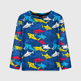 Детский лонгслив 3D с принтом Акулы в Курске, 100% полиэстер | длинные рукава, круглый вырез горловины, полуприлегающий силуэт
 | blue | drawin | fashion | fish | illustration | ocean | predator | red | sea | sharks | style | water | yellow | youth | акулы | вода | графика | жёлтый | иллюстрация | картинка | красный | мода | молодежная | море | океан | рисунок | рыба | син