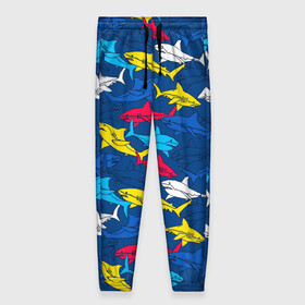 Женские брюки 3D с принтом Акулы в Курске, полиэстер 100% | прямой крой, два кармана без застежек по бокам, с мягкой трикотажной резинкой на поясе и по низу штанин. В поясе для дополнительного комфорта — широкие завязки | blue | drawin | fashion | fish | illustration | ocean | predator | red | sea | sharks | style | water | yellow | youth | акулы | вода | графика | жёлтый | иллюстрация | картинка | красный | мода | молодежная | море | океан | рисунок | рыба | син
