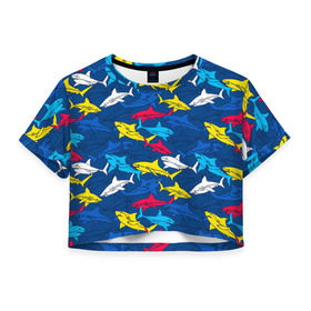 Женская футболка Cropp-top с принтом Акулы в Курске, 100% полиэстер | круглая горловина, длина футболки до линии талии, рукава с отворотами | blue | drawin | fashion | fish | illustration | ocean | predator | red | sea | sharks | style | water | yellow | youth | акулы | вода | графика | жёлтый | иллюстрация | картинка | красный | мода | молодежная | море | океан | рисунок | рыба | син