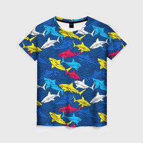 Женская футболка 3D с принтом Акулы в Курске, 100% полиэфир ( синтетическое хлопкоподобное полотно) | прямой крой, круглый вырез горловины, длина до линии бедер | blue | drawin | fashion | fish | illustration | ocean | predator | red | sea | sharks | style | water | yellow | youth | акулы | вода | графика | жёлтый | иллюстрация | картинка | красный | мода | молодежная | море | океан | рисунок | рыба | син