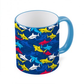 Кружка с принтом Акулы в Курске, керамика | ёмкость 330 мл | blue | drawin | fashion | fish | illustration | ocean | predator | red | sea | sharks | style | water | yellow | youth | акулы | вода | графика | жёлтый | иллюстрация | картинка | красный | мода | молодежная | море | океан | рисунок | рыба | син