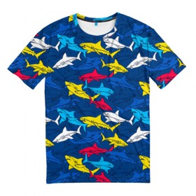 Мужская футболка 3D с принтом Акулы в Курске, 100% полиэфир | прямой крой, круглый вырез горловины, длина до линии бедер | Тематика изображения на принте: blue | drawin | fashion | fish | illustration | ocean | predator | red | sea | sharks | style | water | yellow | youth | акулы | вода | графика | жёлтый | иллюстрация | картинка | красный | мода | молодежная | море | океан | рисунок | рыба | син