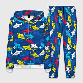 Мужской костюм 3D с принтом Акулы в Курске, 100% полиэстер | Манжеты и пояс оформлены тканевой резинкой, двухслойный капюшон со шнурком для регулировки, карманы спереди | blue | drawin | fashion | fish | illustration | ocean | predator | red | sea | sharks | style | water | yellow | youth | акулы | вода | графика | жёлтый | иллюстрация | картинка | красный | мода | молодежная | море | океан | рисунок | рыба | син