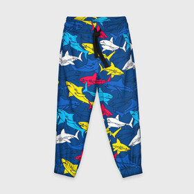 Детские брюки 3D с принтом Акулы в Курске, 100% полиэстер | манжеты по низу, эластичный пояс регулируется шнурком, по бокам два кармана без застежек, внутренняя часть кармана из мелкой сетки | blue | drawin | fashion | fish | illustration | ocean | predator | red | sea | sharks | style | water | yellow | youth | акулы | вода | графика | жёлтый | иллюстрация | картинка | красный | мода | молодежная | море | океан | рисунок | рыба | син