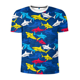 Мужская футболка 3D спортивная с принтом Акулы в Курске, 100% полиэстер с улучшенными характеристиками | приталенный силуэт, круглая горловина, широкие плечи, сужается к линии бедра | Тематика изображения на принте: blue | drawin | fashion | fish | illustration | ocean | predator | red | sea | sharks | style | water | yellow | youth | акулы | вода | графика | жёлтый | иллюстрация | картинка | красный | мода | молодежная | море | океан | рисунок | рыба | син