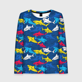 Женский лонгслив 3D с принтом Акулы в Курске, 100% полиэстер | длинные рукава, круглый вырез горловины, полуприлегающий силуэт | blue | drawin | fashion | fish | illustration | ocean | predator | red | sea | sharks | style | water | yellow | youth | акулы | вода | графика | жёлтый | иллюстрация | картинка | красный | мода | молодежная | море | океан | рисунок | рыба | син