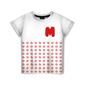 Детская футболка 3D с принтом MARSHMELLO в Курске, 100% гипоаллергенный полиэфир | прямой крой, круглый вырез горловины, длина до линии бедер, чуть спущенное плечо, ткань немного тянется | marsh | marshmallow | marshmello | marshmelo | mello | music | smile | диджей | лого | маршмеллов | маршмеллоу | маршмеллу | маршмело | маршмелов | маршмелоу | музыка | музыкант | рожица | трэп | улыбка | хаус