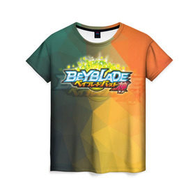 Женская футболка 3D с принтом beyblade логотип в Курске, 100% полиэфир ( синтетическое хлопкоподобное полотно) | прямой крой, круглый вырез горловины, длина до линии бедер | beyblade | beyblade burst | tomy beyblade | бейблэйд бердс | бейблэйд берст